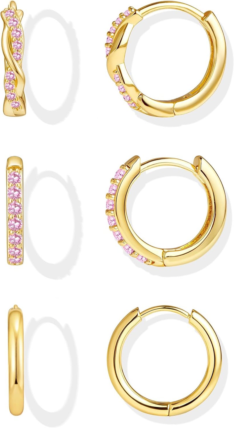 Inerney 14K Gold Plated Huggie Hoop Earrings for Women, Small Sterling Silver Earring Set Hypoallergenic Cartilage Helix Stacks, Mini Dainty Cute Trendy Birthstone Jewelry Gift for Multiple Piercings - Image 1